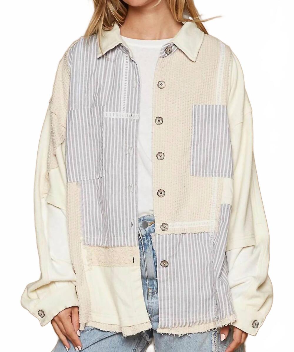 NEW POL upgrade your jacket game oversized shacket in beige/ blue